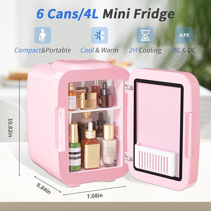 OSTBA Skincare Fridge Mini Fridge for Bedroom with Dimmable LED Mirror, 4Liter/6 Cans Cooler and Warmer for Makeup, Cosmetic, Beauty, Portable Refrigerator for Bedroom, Vanity, Office and Car - Image 6