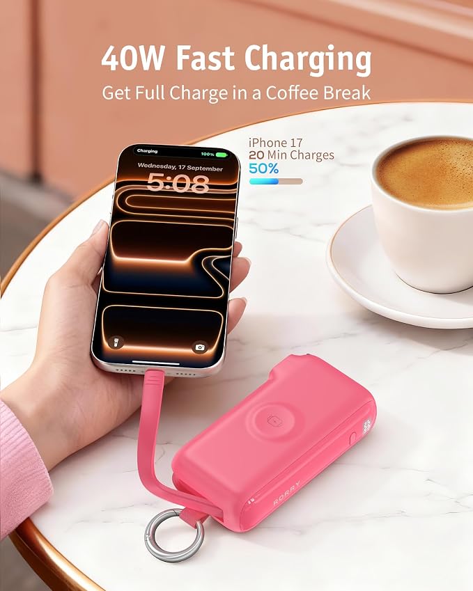 RORRY Flow Portable Charger, 10000mAh 40W Fast Charging Power Bank with Built-in USB C Cable and Foldable Wall Plug, Battery Pack Travel Essentials for iPhone 17/16/15, Apple Watch, iPad, MacBook - Image 4