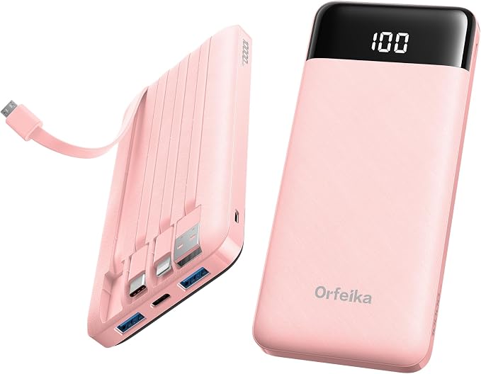 Orfeika Portable Phone Charger, 10000mAh Portable Charger Power Bank with Built-in Cables, Travel Essential Battery Pack Compatible with iPhone, Samsung, Google, iPads, Tablets, etc by Orfeika