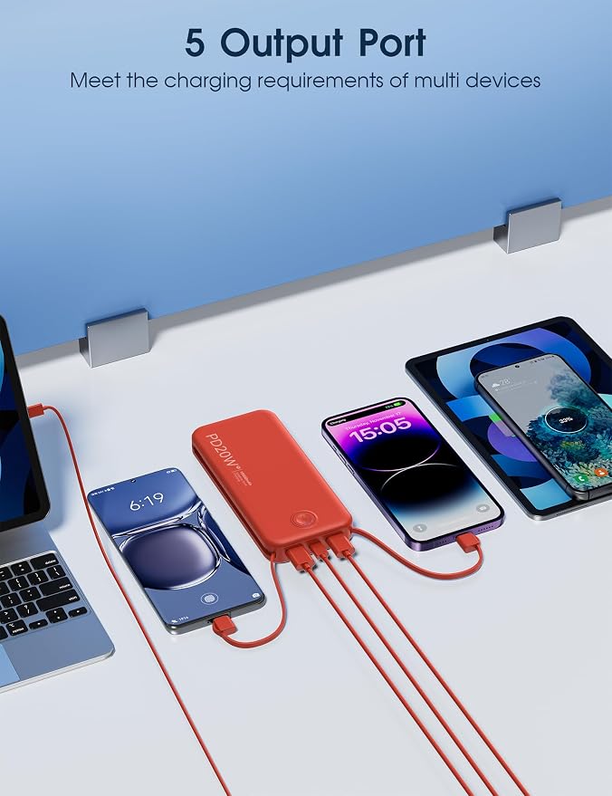 Nusyddy Portable Charger, 10000mAh PD20W Fast Charging Power Bank with Built-in Cables & Wall Plug, Travel Essentials External Battery Pack, USB C Battery Phone Charger for iPhone, iPad, Samsung Red - Image 6