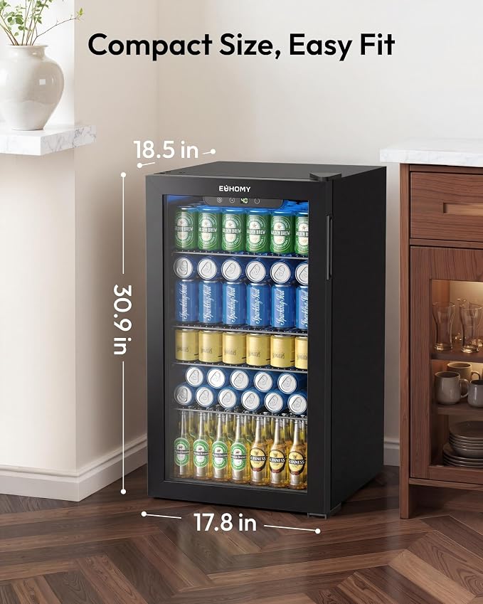 EUHOMY Mini Fridge 130 Can Beverage Refrigerator Cooler Glass Door for Soda Wine Beer, Beverage Cooler for Home, Bar, Office with Digital Temperature Control Removable Shelves, Black - Image 4
