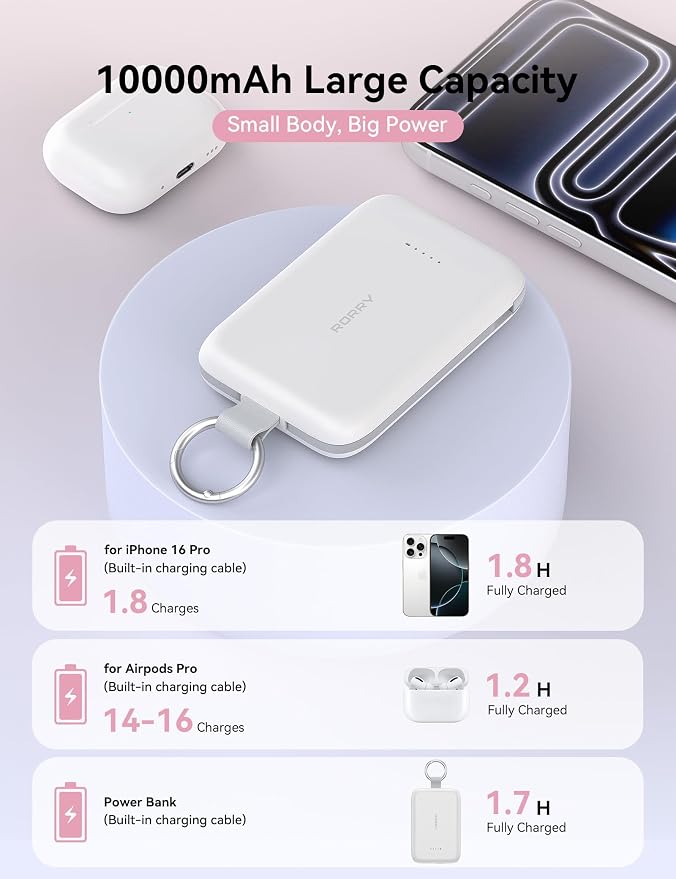 RORRY Portable Charger, 10000mAh PD 30W Fast Charging Portable Charger Power Bank with Built-in Cables, Travel Keychain Charger Battery Pack for iPhone 17/16/15/14/13/12, for AirPods 2/3/4/Pro, Pink - Image 4