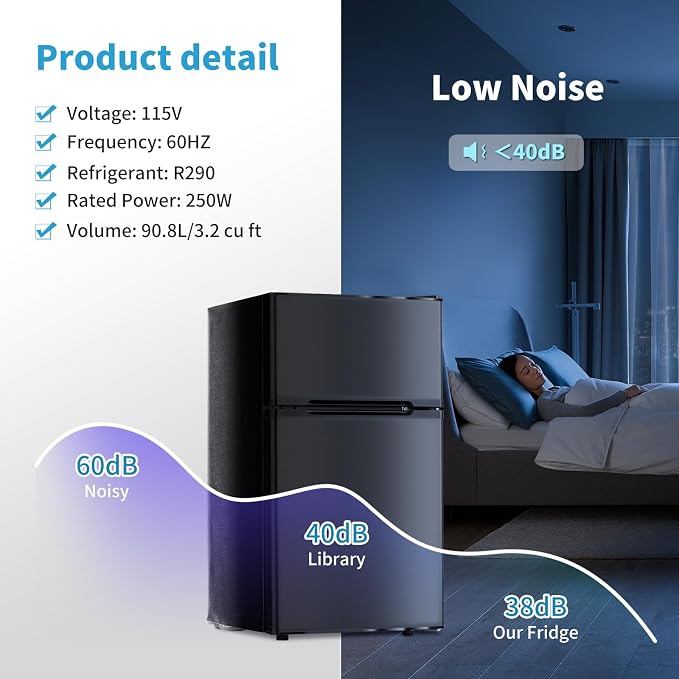 3.2 Cu.Ft Mini Fridge with Freezer, Double Door Small Refrigerator, Dorm Fridge with 3 Adjustable Thermostat, Energy Saving, Low Noise, Compact Refrigerator for Office, Bedroom, Dorm, Black - Image 7