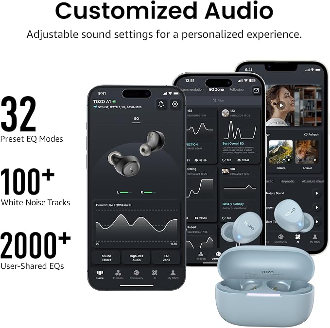 TOZO A1 Wireless Earbuds Bluetooth 5.3 Light Weight in Ear Headphones | IPX5 Waterproof, 2 Mics for AI Calls, Immersive Premium Sound Bass Ear buds with Charging Case, 32 Presets EQ via TOZO App - Image 8
