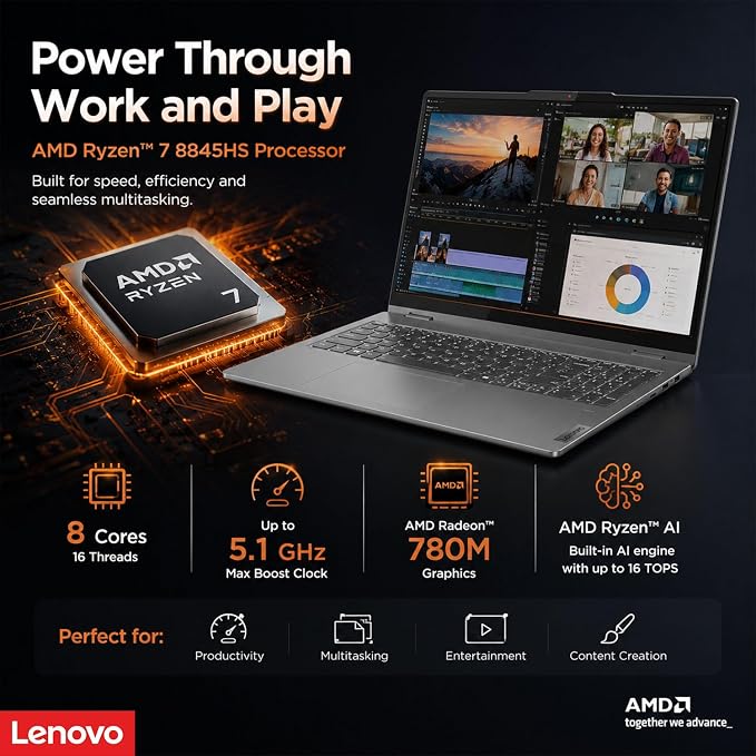 Lenovo IdeaPad 5 2-in-1 Convertible Laptop, AMD Ryzen 7 8845HS Processor, 16" WUXGA IPS Touchscreen, 16GB DDR5 RAM, 1TB SSD, Fingerprint Reader, Backlit Keys, Wi-Fi 6, Windows 11 Home, WOWPC USB - Image 3