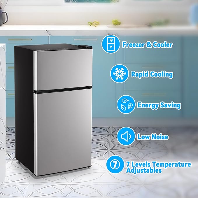 Mini Fridge with Freezer 2.4 Cu.ft Mini Refrigerator Double Doors Dorm Fridge Compact 7 Modes Temp Suit for Apartment Bedroom Office Silver - Image 4