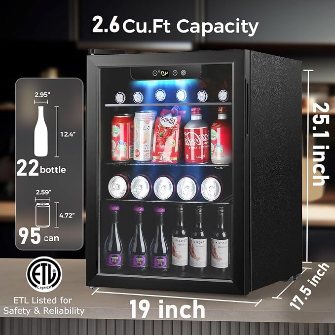 COWSAR 2.65 Cu.ft Wine Fridge, ETL Approved Beverage Refrigerator 95 Can Quiet Freestanding Mini Wine Cooler Clear Front Glass Door, Quiet Operation, Adjust Temperature for Home Bar, Drink Fridge - Image 2
