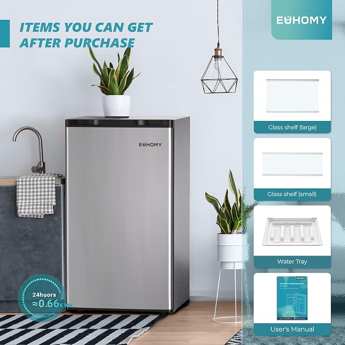 EUHOMY 3.2 Cu.Ft Mini Fridge with Freezer, Single Door Compact Refrigerator, Energy Saving, Mini Refrigerator Adjustable Thermostat, Mini fridge for Bedroom, Dorm, Office, Silver - Image 6