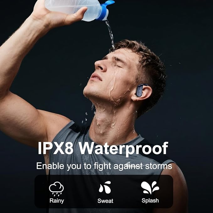 Ordtop Sport Wireless Earbuds with Earhooks, 70H, IPX8 Waterproof, Blue | Bluetooth 5.4, 4 ENC Microphones, Deep Bass Sound, LED Display, USB-C Fast Charging, Secure Fit For Running, Gym And Workouts - Image 6