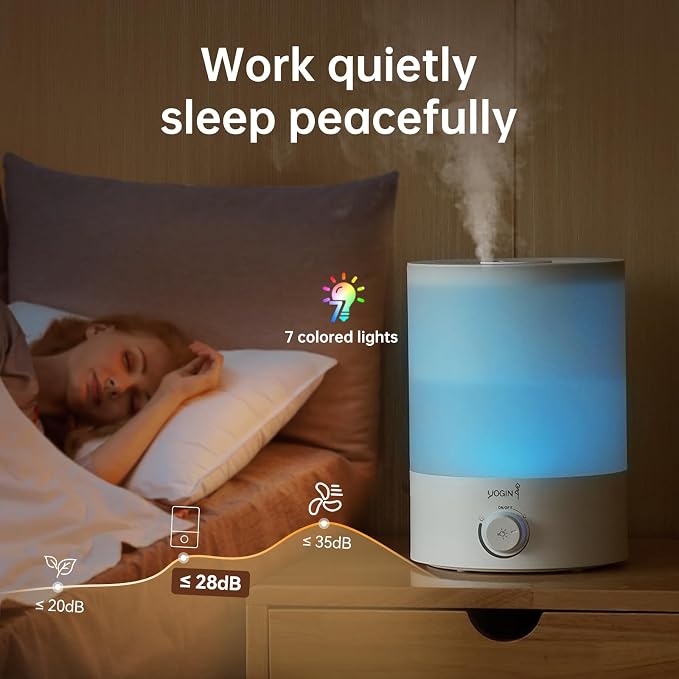 YOGIN Humidifiers for Bedroom Large room,Top fill 2.5L Ultrasonic cool mist Humidifiers for Baby Nursery and Plants,Up to 24 Hours, 24db Quiet,Night Light, Auto Shut Off, Easy Clean Humidifier - Image 8