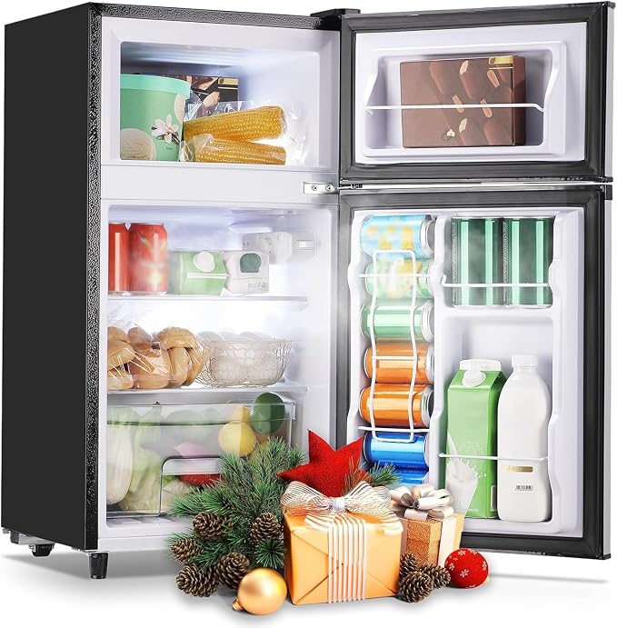 Double Door Small Refrigerator with Freezer-on-top, 3.5 Cubic Feet Mini Fridge with 7-Level Adjustable Thermostat for Office, Dorm, Bedroom, Home and Apartment, Silver by WANAI%C2%AE