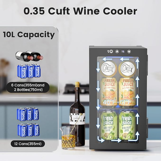 Electactic 10L Mini Beverage Refrigerator, 12-Can Capacity, 40-61°F | Compact 10L beverage fridge holds up to 12 cans, with a 40-61°F range, digital display, LED light, and glass door. - Image 2