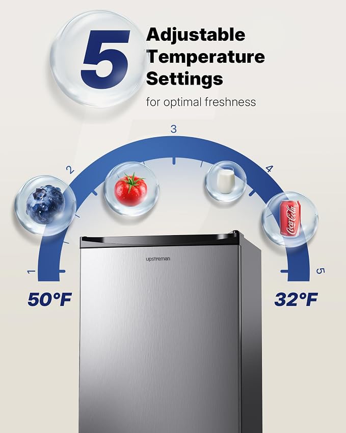 Upstreman 3.2 Cu.Ft Mini Fridge with Freezer, Stainless Steel-SR321 | Adjustable Thermostat, Energy Saving, Low Noise, Reversible Door, Small Refrigerator for Dorm, Bedroom, Office - Image 3