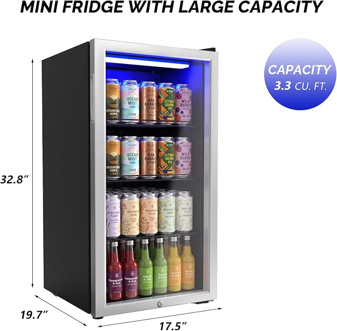 Bonnlo 130 Cans/3.3 Cu.Ft Beverage Refrigerator Cooler with Glass Door & Safety Lock, Quiet Mini Drink Fridge with Adjustable Shelf & Feet, Small Wine Cooler for Bedroom, Bar & Office, 32-50°F, 115V - Image 6