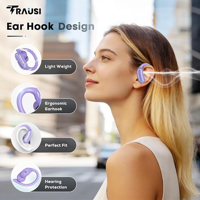 TRAUSI Wireless Earbuds Bluetooth Headphones, 54H Playtime Stereo Over Ear Buds with ENC Noise Cancelling, LED Power Display, IPX7 Waterproof Sport Earphones with Earhooks for Running/Workouts Purple - Image 2