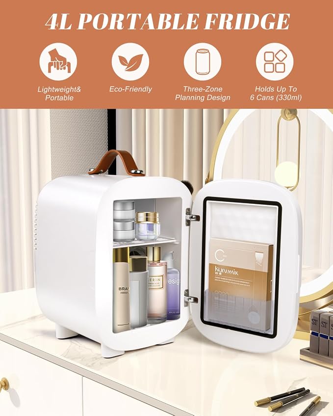 Mini Fridge for Bedroom, 4 Liter/6 Can Skincare Fridge With LED Mirror & Leather Carrying Handle,12v AC/DC Cooler & Warmer Portable Small Refrigerator for Drinks, Makeup, Dorm, Office and Car(White) - Image 5
