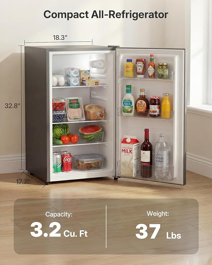 Upstreman 3.2 Cu.Ft All-Refrigerator Mini Fridge, Gray-CR32 | Sleek Gray Finish, 7-Level Thermostat, ENERGY STAR Certified, Reversible Door, Small Fridge for Office, Bedroom or Dorm - Image 2