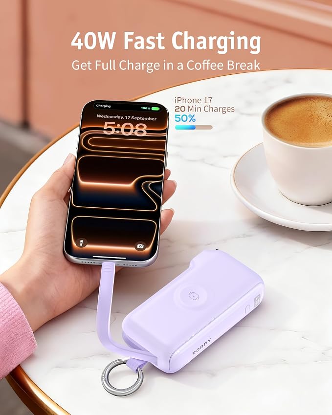 RORRY Flow Portable Charger, 10000mAh 40W Fast Charging Power Bank with Built-in USB C Cable and Foldable Wall Plug, Battery Pack Travel Essentials for iPhone 17/16/15, Apple Watch, iPad, MacBook - Image 4