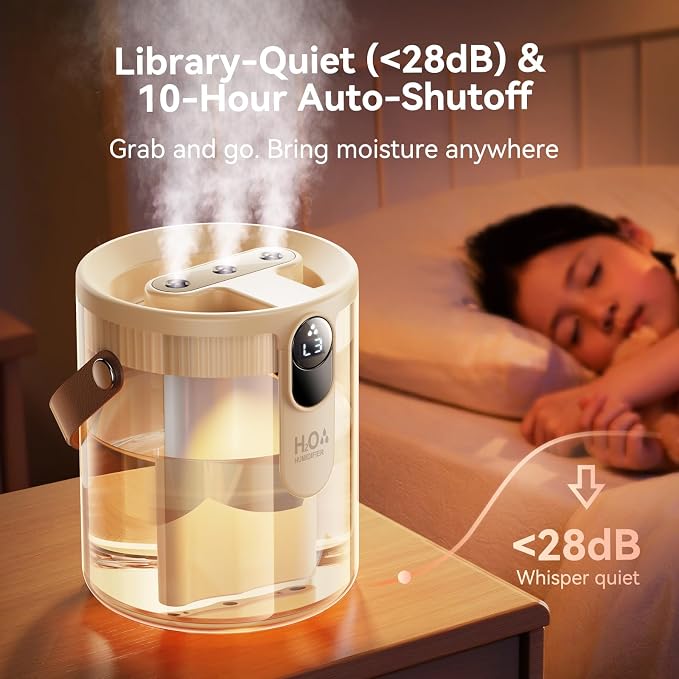 Rechargeable Portable Top Fill Humidifier, Smart Humidifiers for Bedroom, Night Light, 1.4L Cool Mist Humidifier for Office Home Plant Baby, 3-Speed Mist Control, Quiet, Auto Shut-Off (Beige) - Image 7