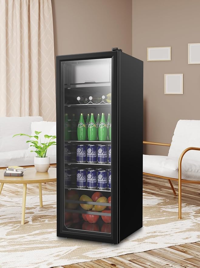 Beverage Refrigerator with Freezer 180 Can Freestanding Cooler Black | Adjustable Shelving Glass Door for Beer Soda or Wine Perfect for Home Office or Bar, - Image 9