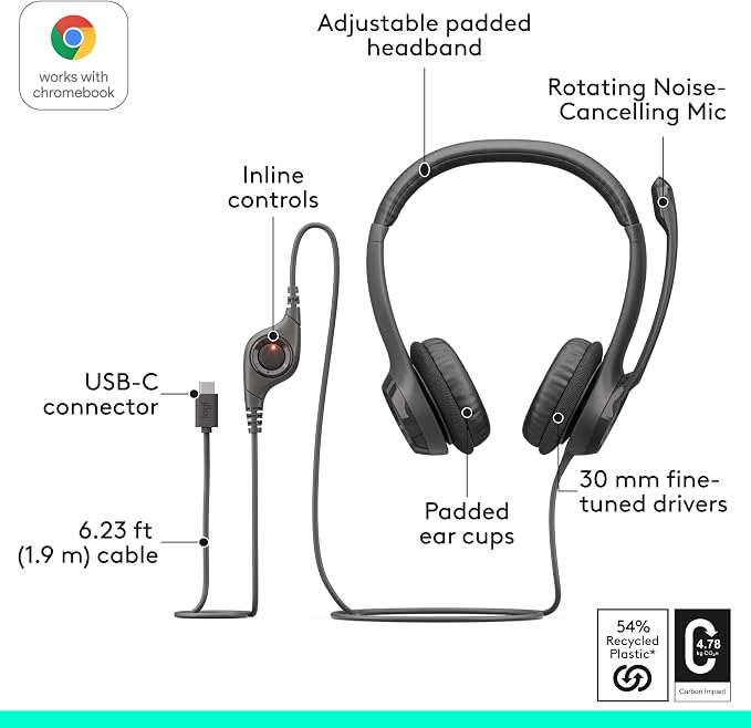 Logitech H391 Wired Headset PC/Laptop Stereo Headphones - Graphite | Stereo headphones for PC or laptop, in-line controls, works with Chromebook - Image 6