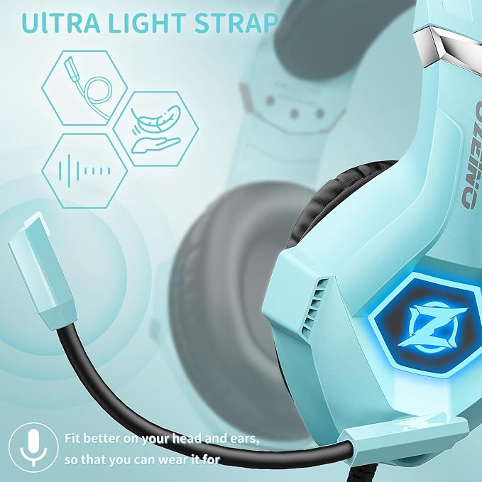 Ozeino Gaming Headset for PC, Ps4, Ps5, Xbox Headset with 7.1 Surround Sound, Gaming Headphones with Noise Cancelling Mic RGB Light Over Ear Headphones for Xbox Series X/S, Switch-Light Blue - Image 6