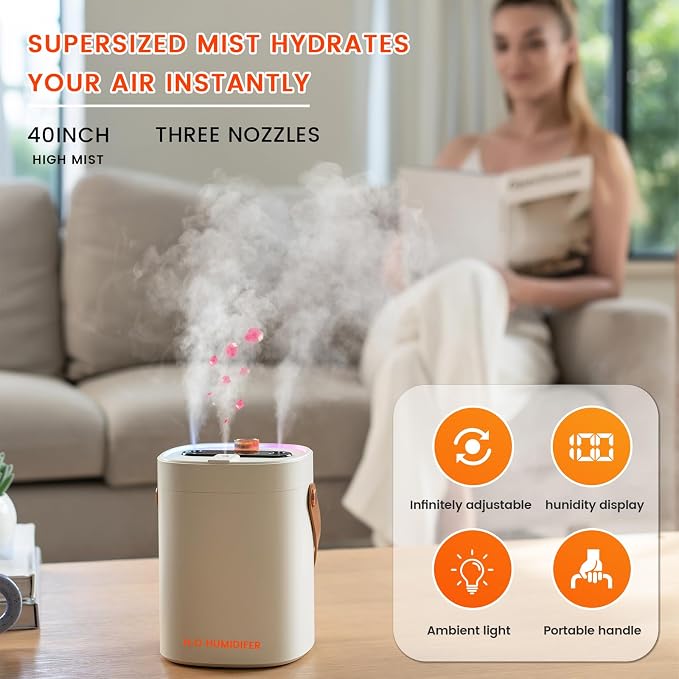 2L Humidifier for Bedroom,Portable Cool Mist Humidifiers,Ultra Quiet 20dB,Top Fill Air Humidifier for Home,Office,Plants,Adjustable Humidity,Night Light,BPA-Free,Beige - Image 2