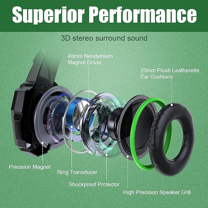 BENGOO G9000 Stereo Gaming Headset for PS4 PC Xbox One PS5 Controller, Noise Cancelling Over Ear Headphones with Mic, LED Light, Bass Surround, Soft Memory Earmuffs for Laptop Mac - Green - Image 2