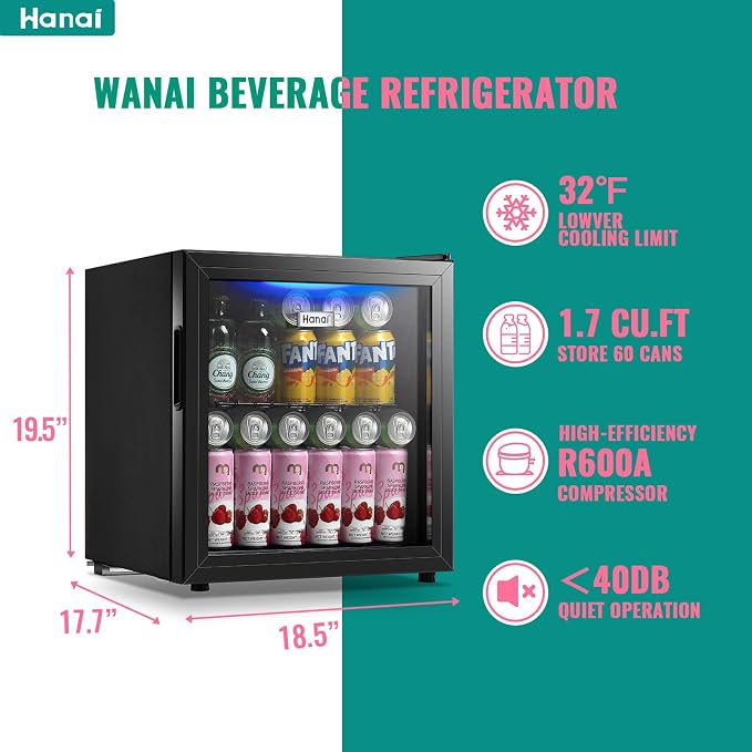 Mini Fridge Cooler 60 Can Beverage Refrigerator Black Mini Beer Fridge Glass Door for Wine Soda Juice Small Drink Cooler Machine Clear Front Removable for Home Office Bar Freestanding - Image 2