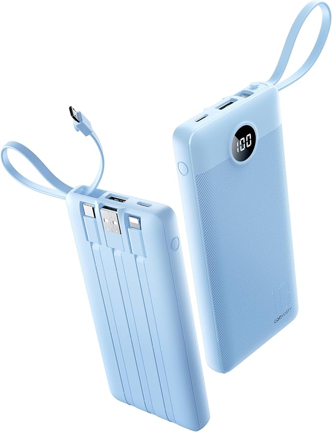 10000mAh Portable Charger, Slim Power Bank with Built-in Cables, Battery Pack 5 Outputs 2 Inputs LED Display Compatible with iPhone/Android & More (Blue) by KeepYourLifeCharged%EF%BC%81
