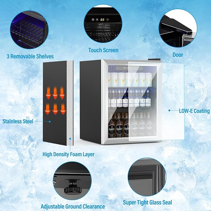 Erivess Beverage Refrigerator and Cooler, 76 Can/1.7 Cu Ft Mini Fridge with Glass Door, Adjustable Shelves for Soda,Beer,Wine, Free Standing Small Refrigerator, Digital Display, for Home, Bar, Office - Image 2