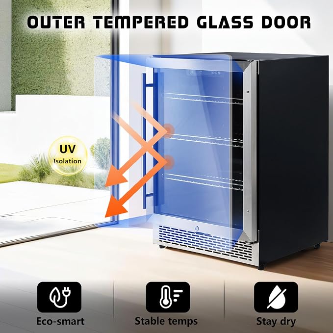 Albott 24 Inch Beverage Refrigerator, Under Counter Fridge with Glass Door | Adjustable Shelves, LED Touch Panel, Built-In or Freestanding Design for Wine and Beer, 34-64℉ - Image 7