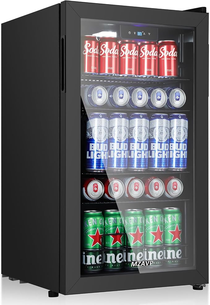 120 Cans Beverage Refrigerator Freestanding, Small Beverage Cooler with Glass Door, Mini Drink Fridge for Beer Soda, 3.0 Cu.Ft for Office, Home, Bar, White LED Light & Reversible Door - Black by MZAVP