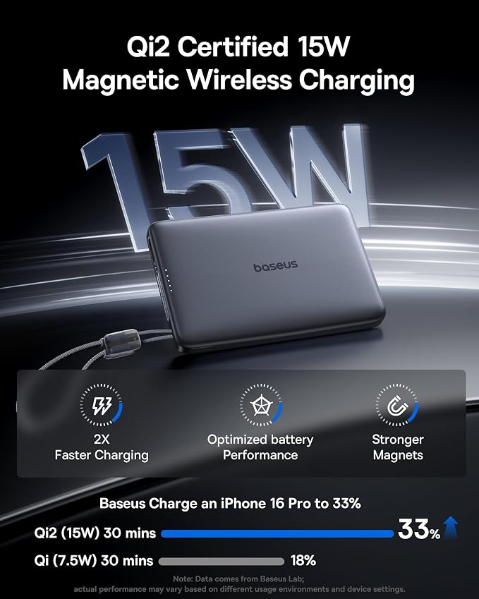 Baseus Picogo Qi2 15W Magsafe Portable Charger, 0.5" Ultra Slim 10000mAh Wireless Power Bank with 27W Built-in USB-C Cable, Magnetic Battery Pack for iPhone 17 Pro Max/17 Pro/Air/16/15/14/13/12 - Image 3