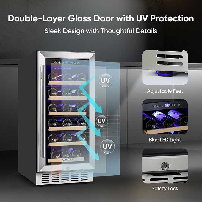 15 Inch Wine Cooler Under Counter, 30 Bottle Wine Fridge with Stainless Steel Glass Door, Built-In or Freestanding Wine Cellar with Removable Shelves and Digital Temperature Control - Image 7