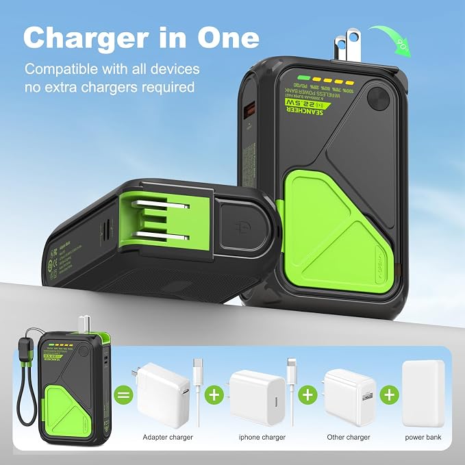 P05 Portable Charger, Magnetic Power Bank, Small Wireless PowerBank, Battery Pack 20000mAh Travel Essentials Fast Charging With Built in Cable, Foldable Wall Plug for iPhone,Samsung,Andriod - Image 2