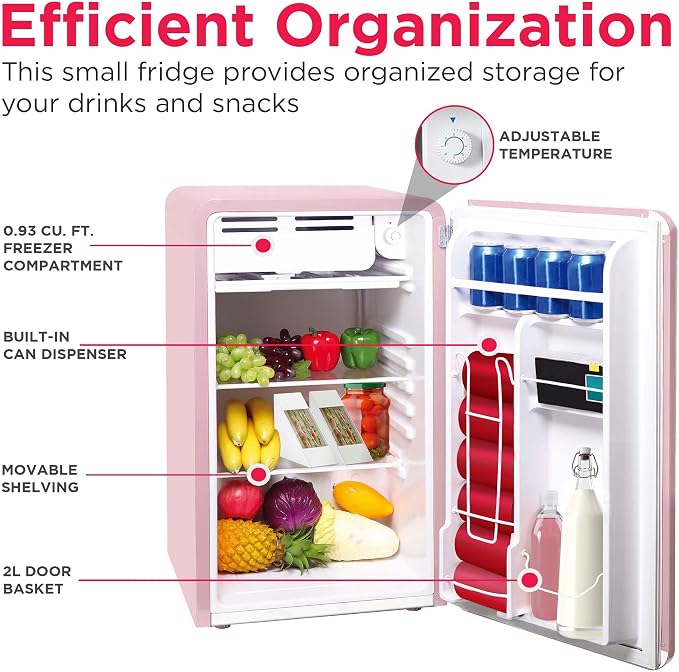 Frigidaire Retro Compact Refrigerator with Chiller, 3.2 cu ft Countertop Fridge, Built-In Bottle Opener, Rounded Corners, Premium, for Office, Bedroom, Dorm Room, Cabin, 18.5D x 20W x 31.5H (Pink) - Image 5