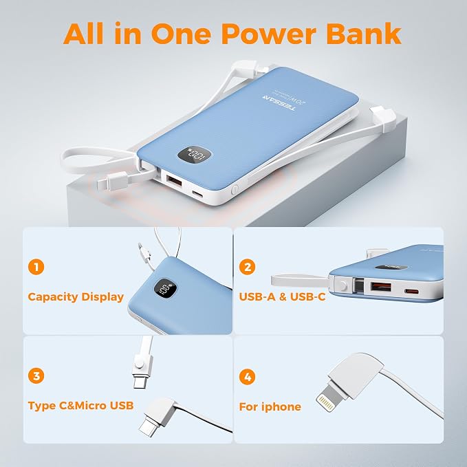 TESSAN Portable Charger with Built in Cables, 10000mAh Power Bank Fast Charging with Foldable AC Plug, PD20W Compact Battery Pack Travel Essentials for iPhone 17/16 Series, Samsung, Tablets, Blue - Image 7