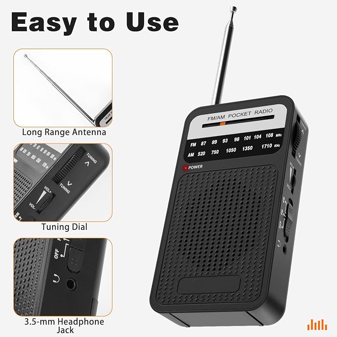 Portable Radio AM FM with Best Reception, Goodes Transistor Radio with Loud Speaker, 2AA Battery Operated, Headphone Jack for Indoor, Outdoor and Emergency Use-Black - Image 4