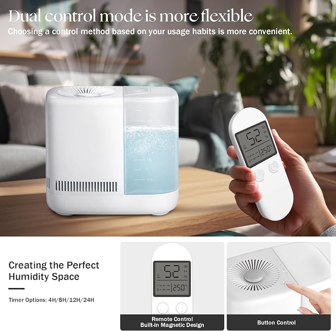 Evaporative Humidifier for Bedroom (No Mist) – Dishwasher Safe, No White Dust, Smart Remote with Sensor, Red Sleep Light, White Noise, Nursery Humidifier with 2.5L Tank, 2 Filters & Aroma Kit - Image 6