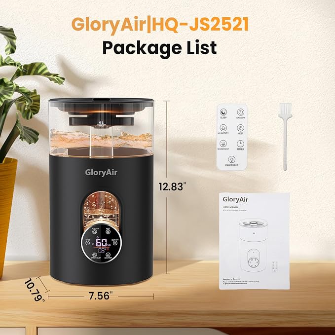 Warm & Cool Mist Humidifier - GloryAir Black 6L Quiet Top Fill Humidifiers for Bedroom Large Room with Smart Humidity Control, Remote Control, 7-Color Light, Humidistat, Oil Diffuser for Baby & Plants - Image 2
