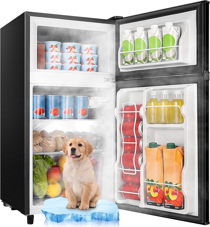 3.5 Cu.Ft Black Mini Fridge With Freezer Compact Refrigerator Dorm | Freestanding Fridge with 7 Level Adjustable Thermostat, Removable Shelves, Fast Cooling, Low Consumption by WANAI%C2%AE