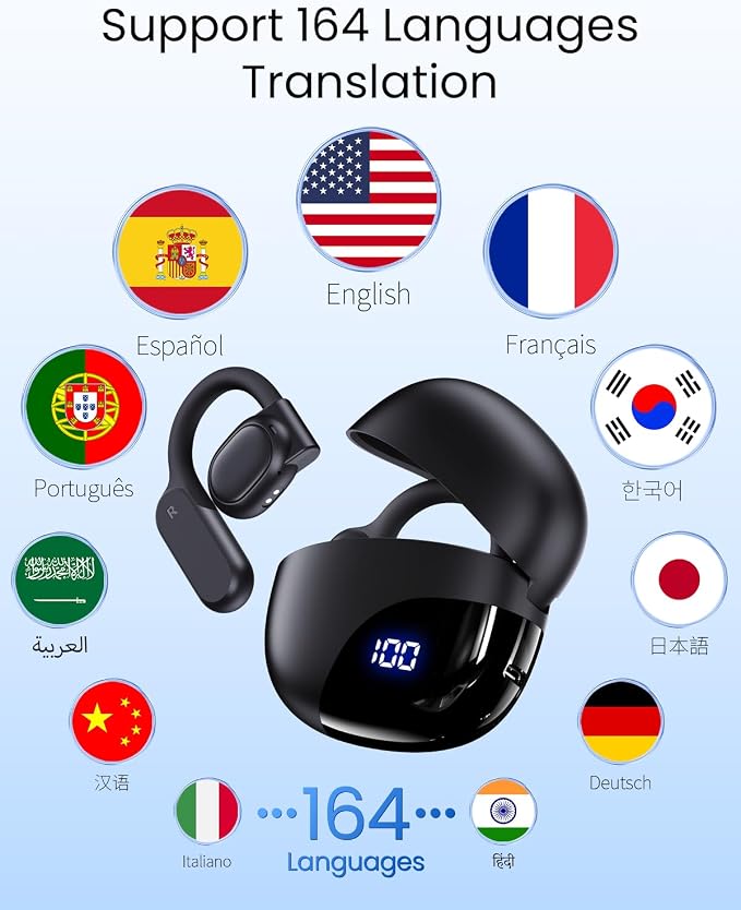 AI Translation Earbuds Real Time 164 Languages 80H Playtime Translator Ear Buds Audifonos Traductores Inglés Español Wireless Earphones Bluetooth AI Headphone for Travel Meeting Learning K08 Black - Image 2