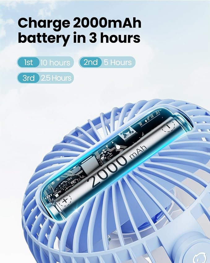 Gaiatop Portable Clip on Fan Battery Operated, Small Powerful 3 Speed Quiet 360° Rotate, USB Rechargeable Mini Personal Cooling Fan for Desk Table Home Office Stroller Camping Women Gifts Light Blue - Image 4