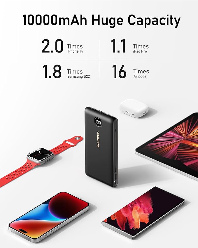 VEEKTOMX Portable Charger with Built in Cables 10000mAh, Power Bank for iPhone with AC Wall Plug, Fast Charging USB C Slim Battery Pack with LED Display Compatible with iPhone 17/16/15/14, Samsung - Image 6