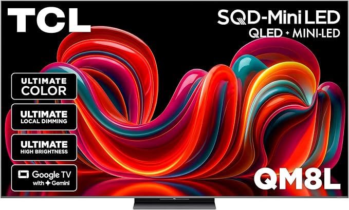 TCL 65 Inch Class QM8L Series | SQD-Mini-LED QLED Smart TV | 65QM8L, 2026 Model | 144Hz | Ultimate Color Brightness & Contrast | Google AI Bang & Olufsen | Voice Control Gaming Streaming Television by TCL