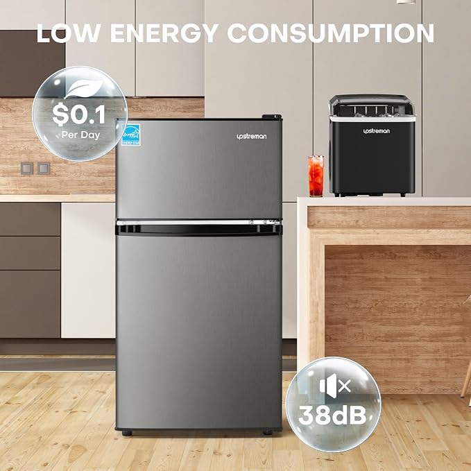 Upstreman 3.1 Cu.Ft Mini Fridge with Freezer, Stainless | Double Door Small Fridge, Adjustable Thermostat, Energy Saving, for Office, Dorm, Bedroom - Image 5