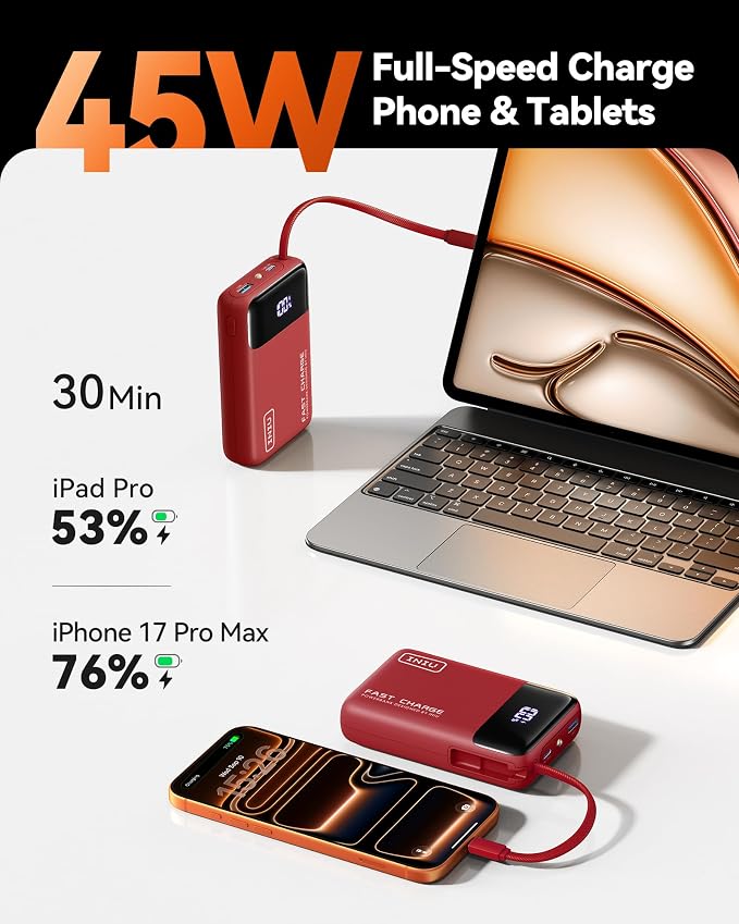 INIU 20000mAh Power Bank, Small Portable Charger, 45W PD Fast Charging Battery Pack with Build in USB-C Cable, Travel Phone Charger for iPhone 17 16 15 14 Air Samsung S25 S24 Google iPad Xiaomi, Red - Image 2