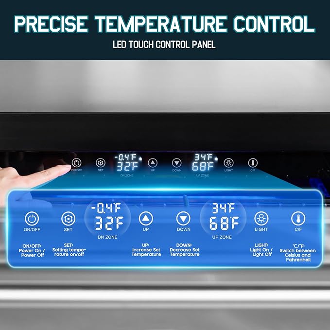 Albott 24 Inch Under Counter Drawer Fridge, Dual-Zone Beverage Refrigerator | Stainless Steel Design, LED Touch Control, Adjustable Storage, Frost-Free, Low Noise, 34℉-68℉, -0.4℉ to 32℉ - Image 6