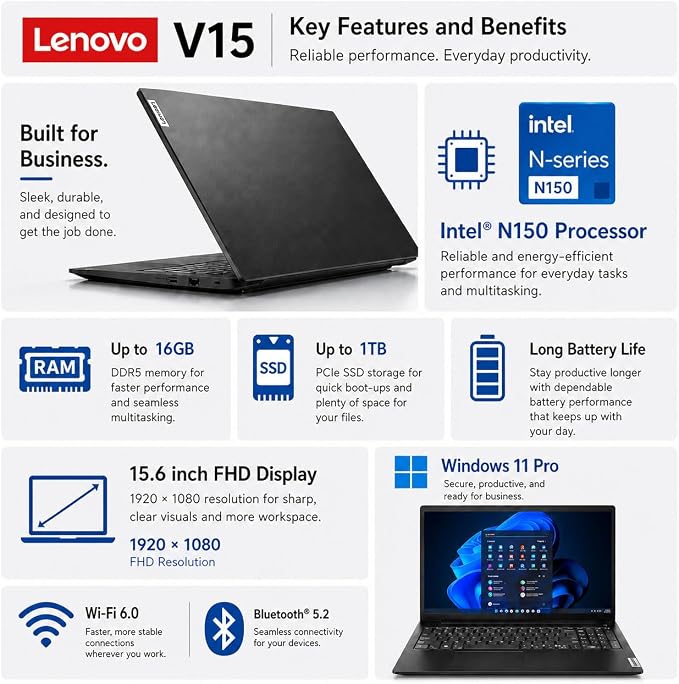 Lenovo V15 Business Laptop, Intel N150 Quad-Core Processor, 15.6" FHD Display, 16GB DDR5 RAM, 512GB NVMe SSD, Wi-Fi 6, Ethernet RJ-45, Dolby Audio, Windows 11 Pro, Business Black - Image 2